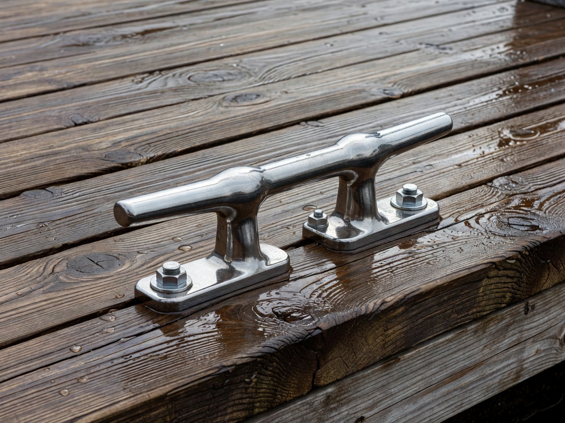 Close-up of clean dock cleats, stainless steel fasteners, and wet timber grain