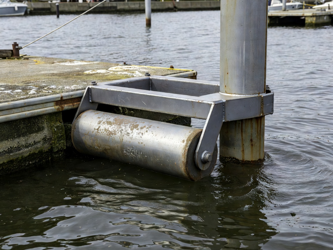 Detail of floating pontoon guide roller and pile bracket in tidal marina basin