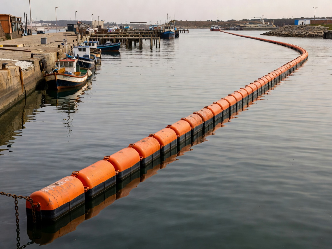 Floating oil containment boom staged along a sheltered harbor channel