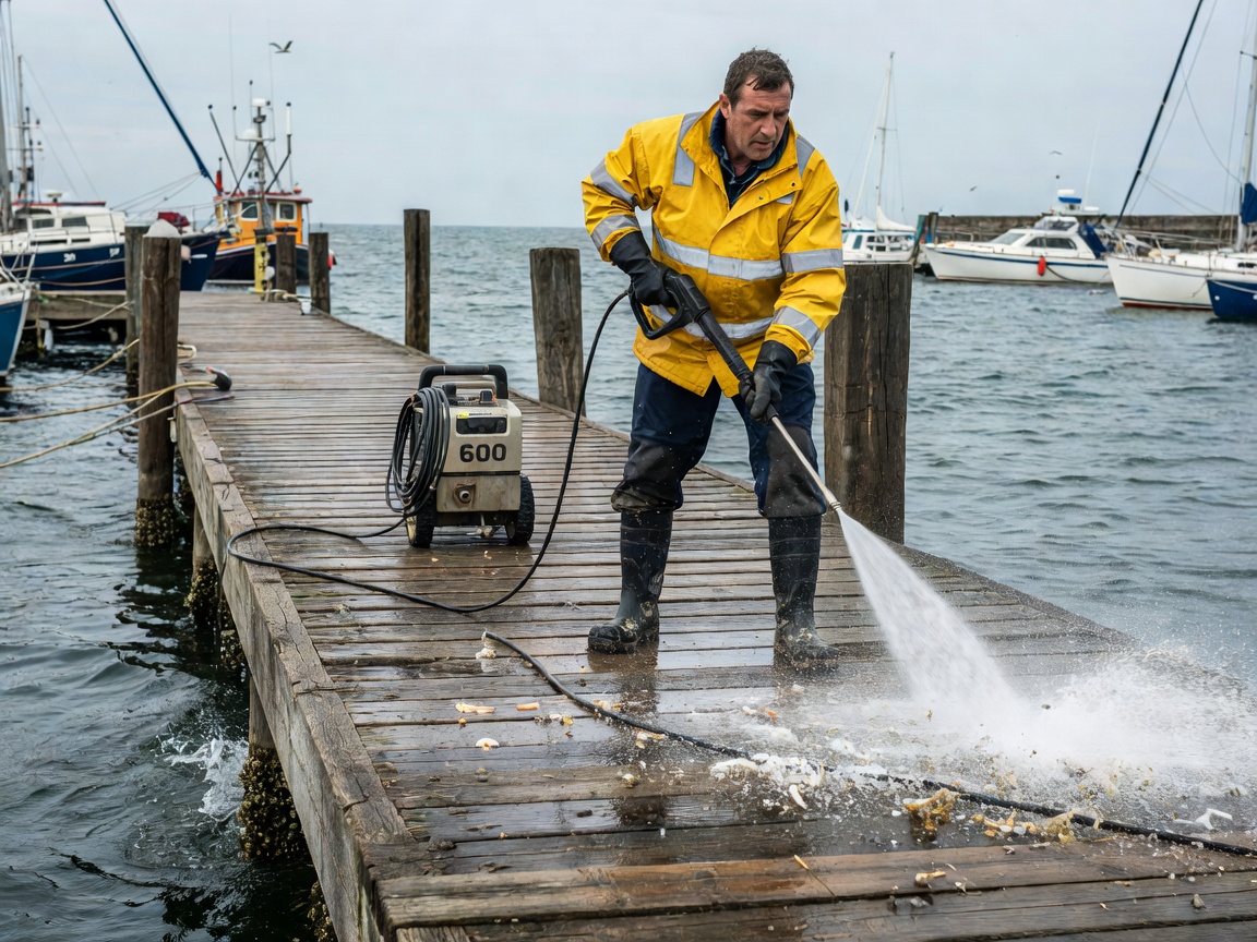 Harbor cleaning professional scrubbing timber pontoon walkway with pressure washer