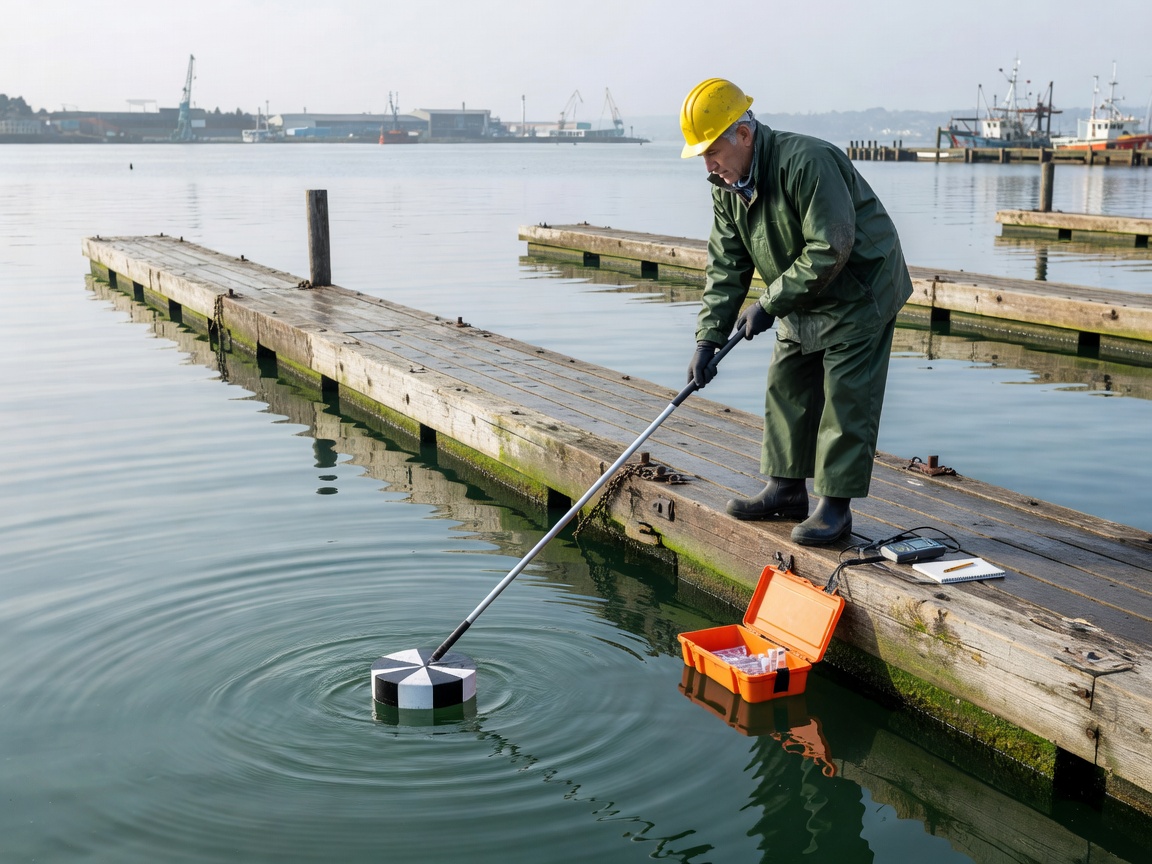 Harbor environmental technician taking water clarity samples near calm pontoon moorings