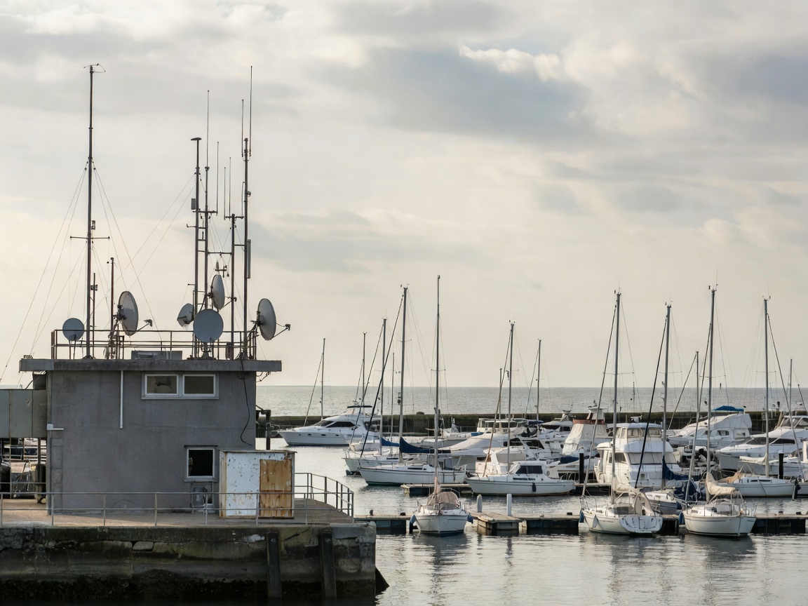 Harbor management quay station with communication equipment overlooking marina berths