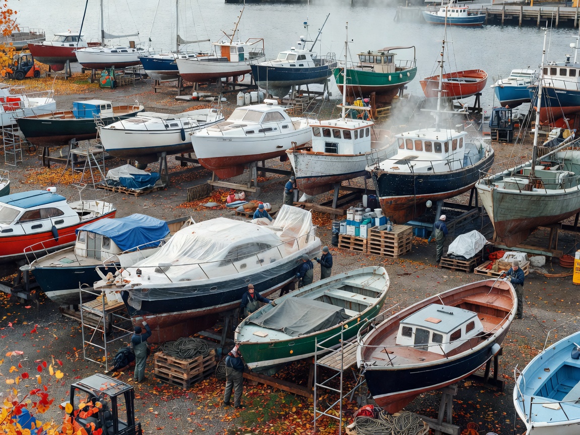 Harbor yard during autumn haul-out and winter preparation with vessels on cradles
