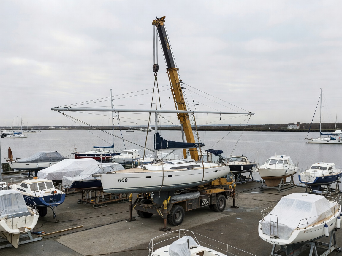 Harbor yard with mobile boat crane lifting a sailing yacht for seasonal winter storage
