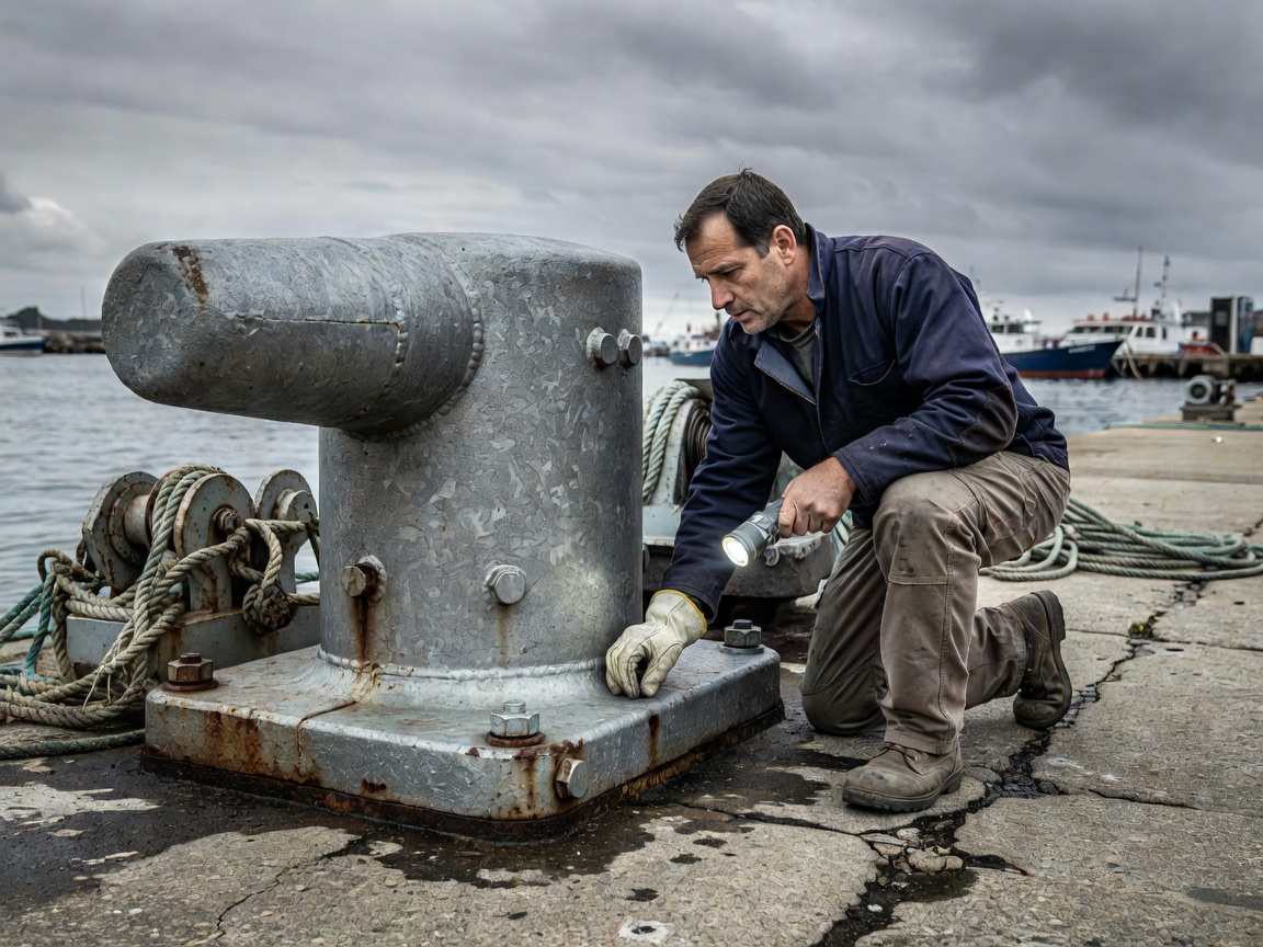 Marina operations specialist inspecting heavy galvanized mooring bollard and quayside hardware