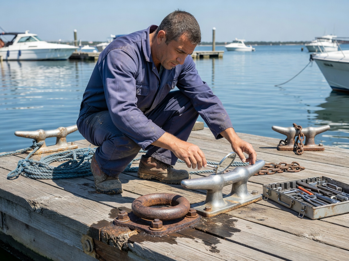 Marina technician inspecting pontoon cleat, mooring ring, and marine hardware