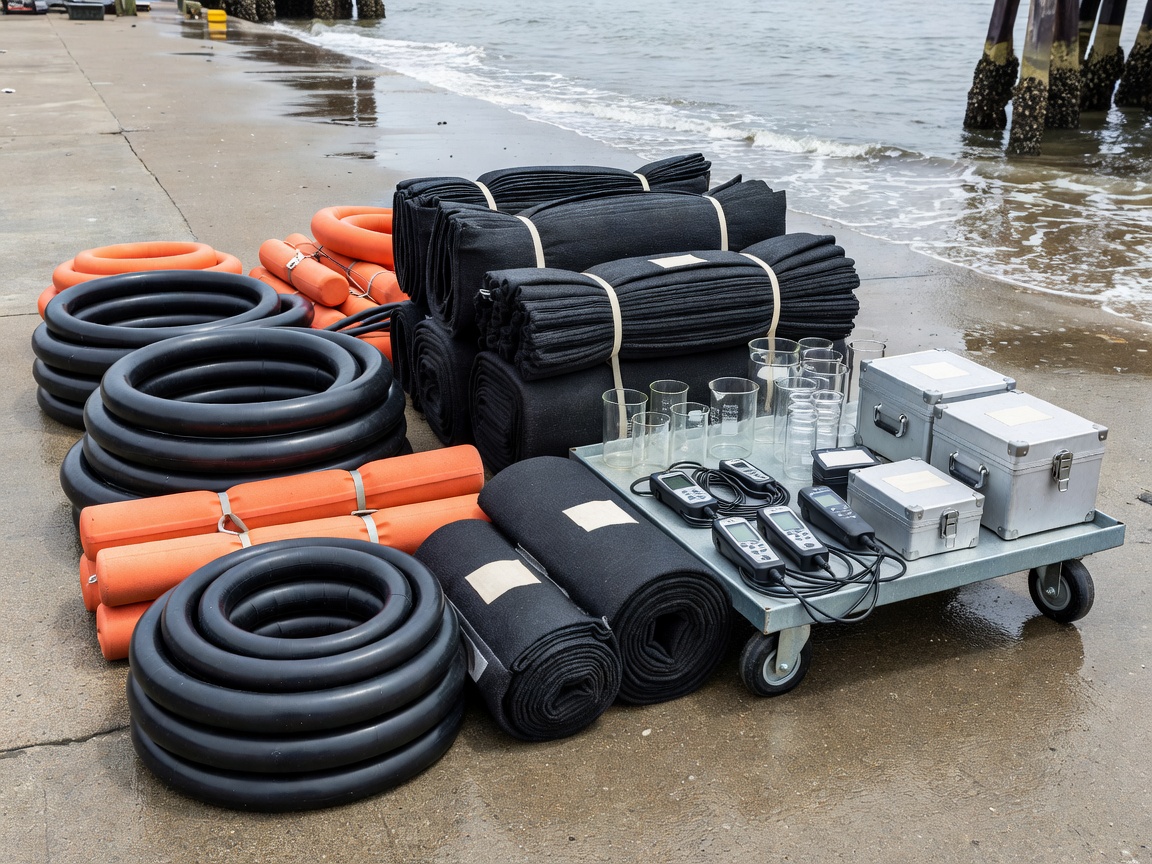 Marine environmental response supplies, containment booms, and clean water test tools