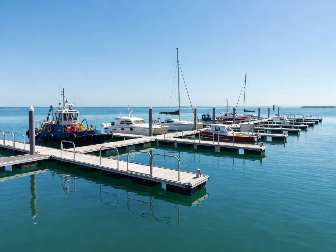Organized marina pontoons along a clean harbor basin with service vessels moored