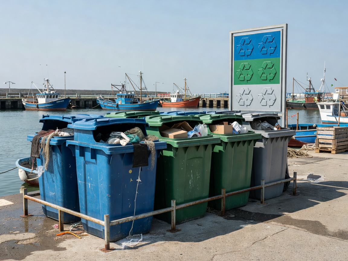 Organized quayside recycling station with segregated bins for marine waste and domestic refuse