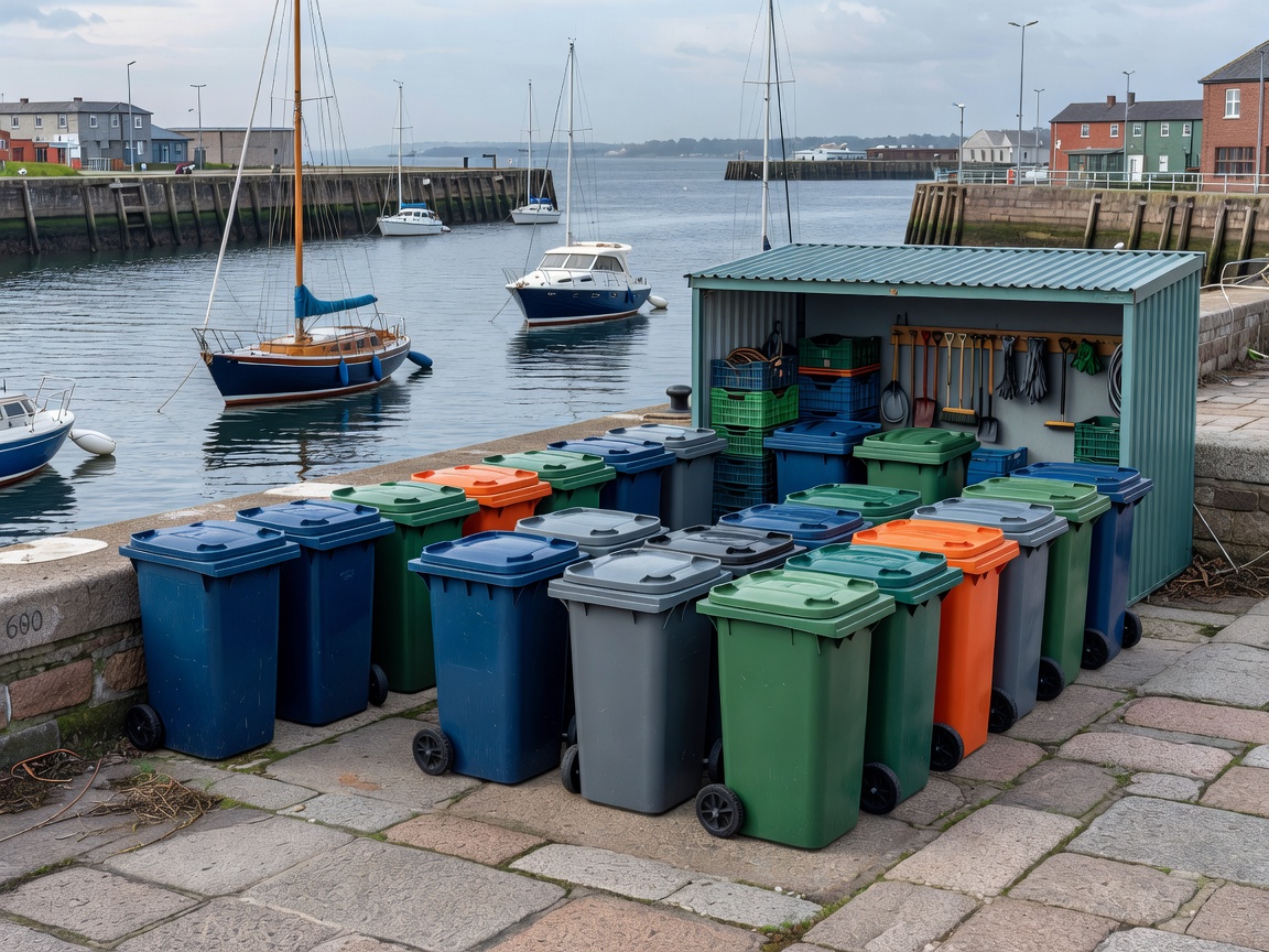 Organized waterfront recycling and marina waste disposal station on harbor quay