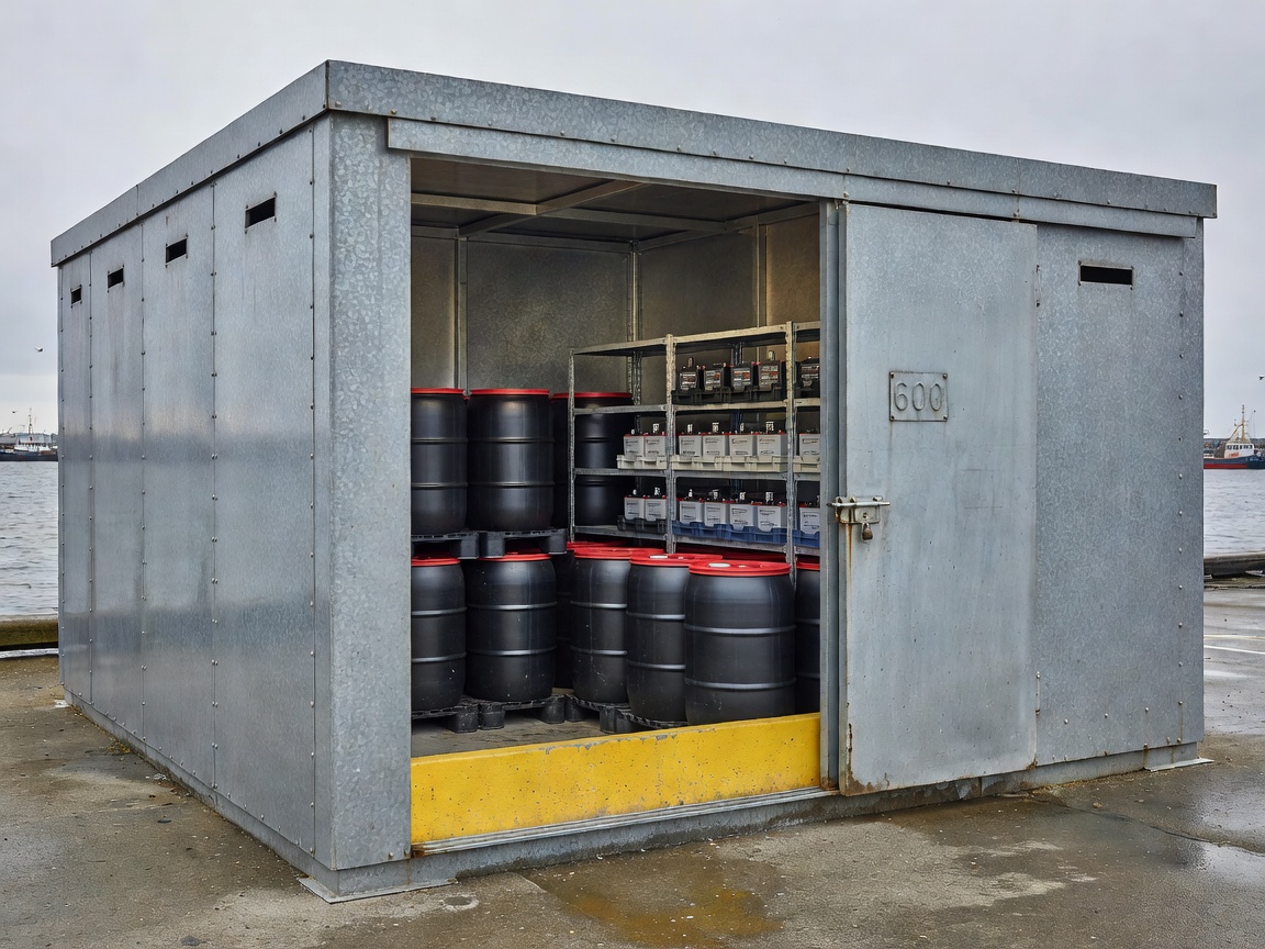 Secure enclosed marine waste shed with bunded storage for oils and batteries