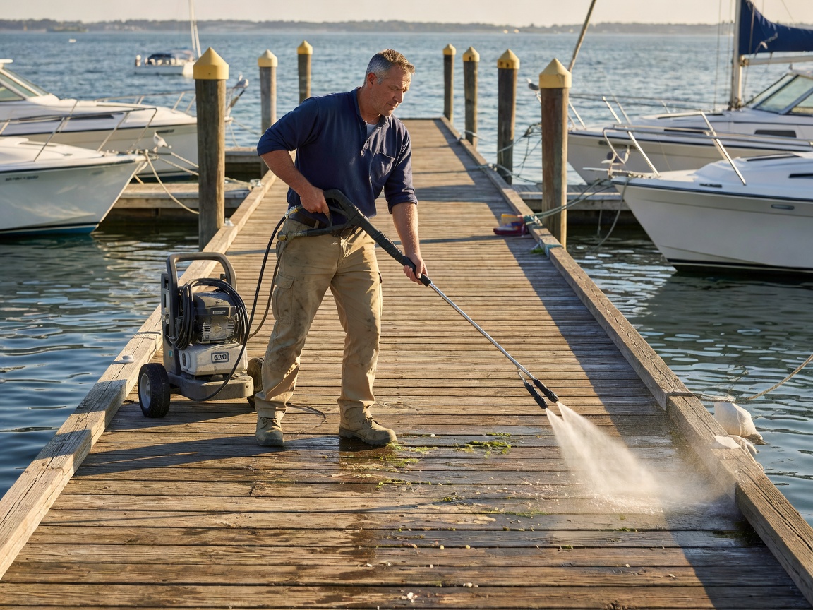Service specialist cleaning wooden marina pontoon walkways with professional surface equipment